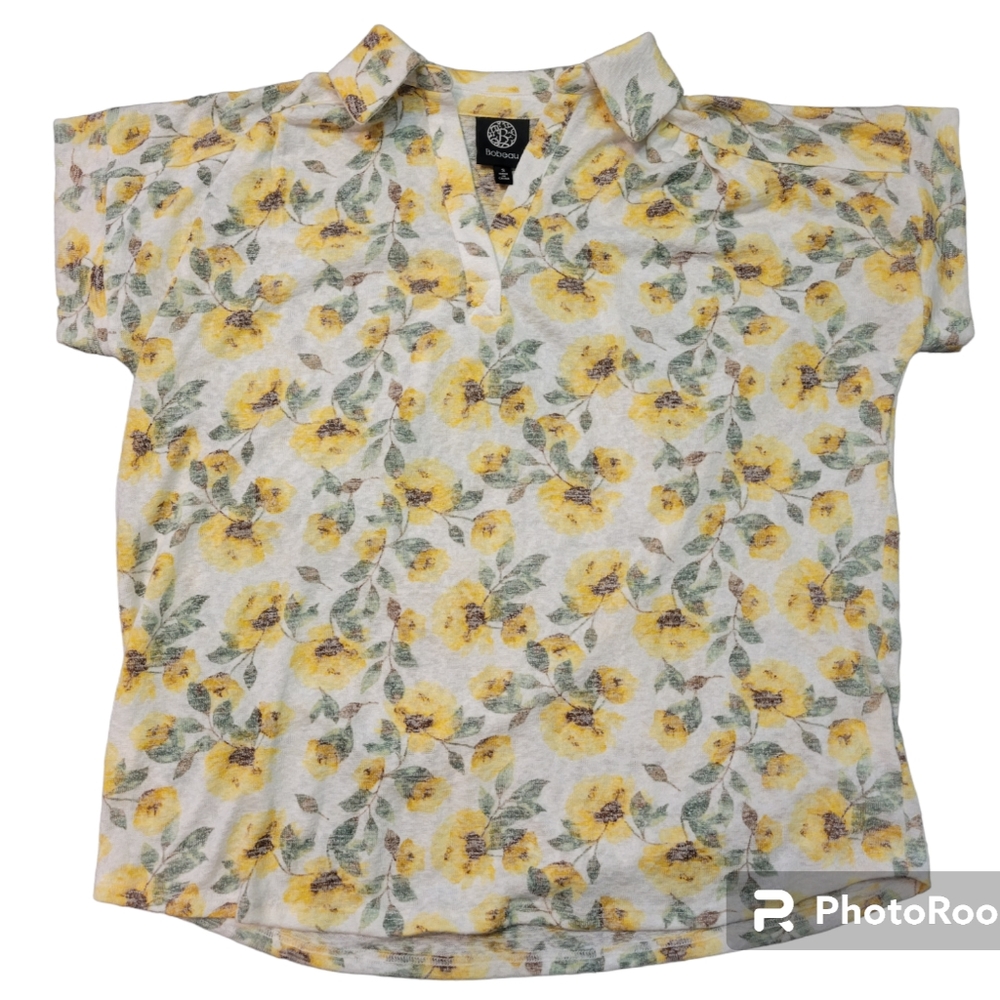 Bobeau Women's Floral Collar Split Neck Pullover Top size small EUC Yellow White